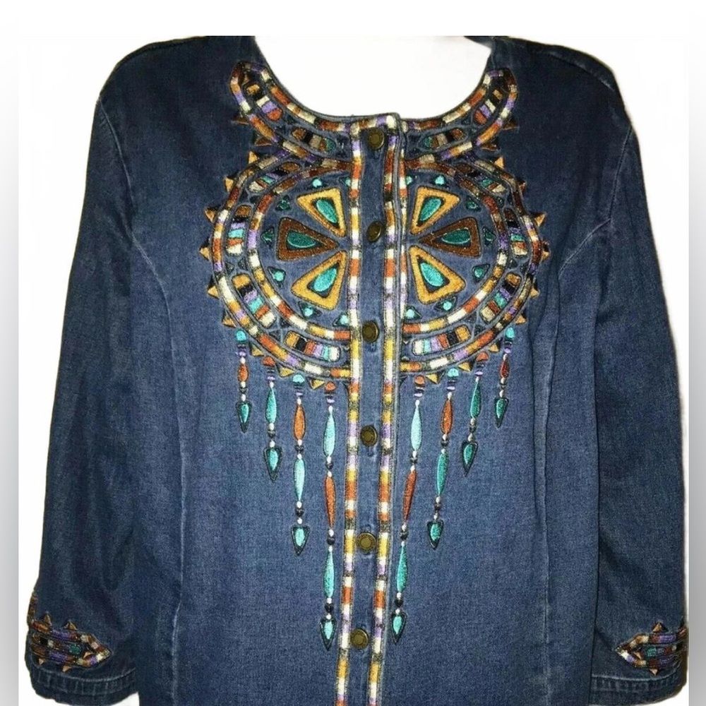 Bob Mackie Embroidered Southwestern Tribal Dream Catcher Boho Denim Jacket